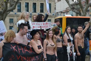 Les organisateurs et participants à la manifestation anti-fourrure place de l'hêtel de ville à Cannes. Crédit photo: Camille Maleysson.
