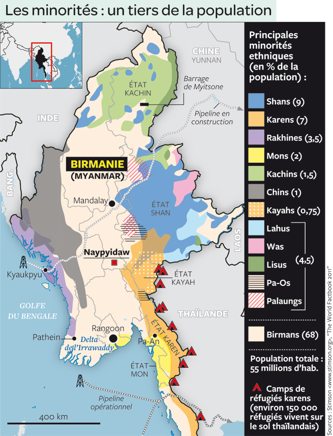 La Birmanie, mosaïque ethnique et véritable poudrière (crédit Photo : Stimson, the Worldfactbook 2011)
