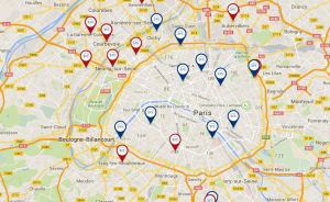 Carte recensant l'ensemble des centres de don du sang à Paris.