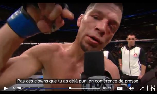 Nate Diaz provoque Conor McGregor à l’issue de son dernier combat. Cliquer sur la photo pour voir la vidéo 
