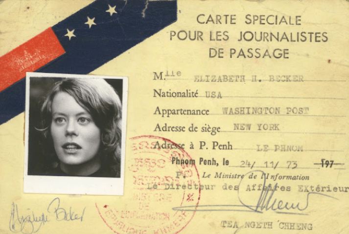 Carte de presse de la journaliste et auteure américaine Elizabeth Becker en 1973. Elle a couvert la guerre civile au Cambodge dès 1972 pour le Washington Post. (Source : Elizabeth Becker)