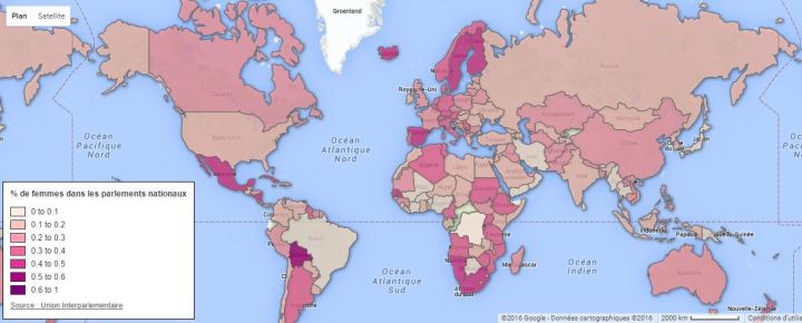 Carte interactive représentant le pourcentage de femmes dans les parlements nationaux en 2016. Cliquez sur l’image pour y accéder. (Crédit : LS)